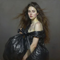 fine art portrait oil painting of a beautiful woman with long hair wearing a garbage bag for clothes, perspective, ultra detailed, elegant, intricate, dynamic lighting, hyperrealism, sharp focus, art by peter mohrbacher and tom bagshaw and andrei riabovitchev