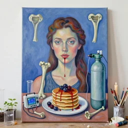 self - portrait of a female art student, surgical equipment, berry juice drips, pancakes, berries, bones, defibrillator, electrical wires, battery, oxygen tank, scientific glassware, seedlings, bones, art supplies, candles dripping wax, neo - impressionist, surrealism, acrylic and spray paint and oilstick on canvas