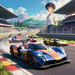 LeMans Racecars on a racetrack, rendered by Beeple, Berkey, John, Makoto Shinkai, syd meade, simon stålenhag, synthwave style, environment concept, digital art, unreal engine, WLOP, trending on artstation, 4K UHD image, octane render,