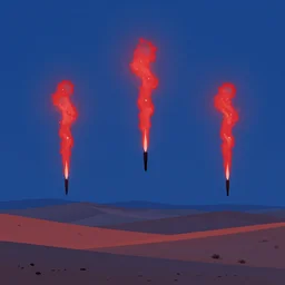 three red flares flying over a blue desert in late evening, artstation, close encounters of the third kind, realistic, surreal flat colors, concept art