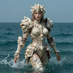 fantasy woman with armor covered in shells emerging from the sea, by Artgerm, medium shot