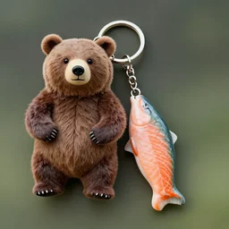 keychain of a realistic bear and a salmon