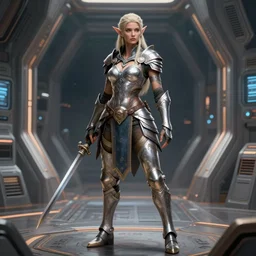 portrait of a beautiful female elf warrior in a spaceport, d & d, fantasy, full body, intricate, muscular, highly detailed, digital painting, artstation, concept art, smooth, sharp focus, illustration, art by simon bisley and greg rutkowski and alphonse mucha, t - pose, 8 k