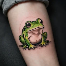 “minimalist brown ink neotraditional modern tattoo of a frog, cute small tattoo”