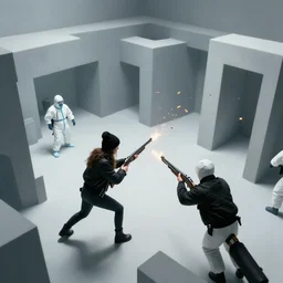 woman wearing black beanie and black bomber jacket, holding shotgun, charging toward soldiers, soldiers wearing hazmat suits, underground lab, MC Escher style architecture, sterile, unknown location, light and shadows, fire, bullet shells flying, aerial photography, concept art
