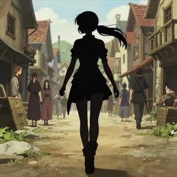 anime still frame portrait of a young female walking through a busy medieval village, dynamic pose, dynamic perspective, detailed silhouette, cel shaded anime, ilya kuvshinov