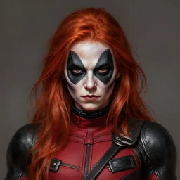 portrait of a girl wearing deadpool costumes, upper body, red hair, long hair, d & d, fantasy, fierce, sharp features, intricate, elegant, highly detailed, digital painting, artstation, concept art, matte, sharp focus, illustration, art by artgerm and greg rutkowski and alphonse mucha