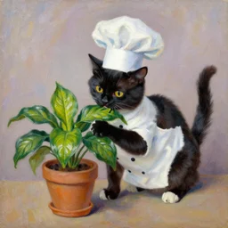 tuxedo cat in chef costume chews on a wax plant, oil painting, by monet