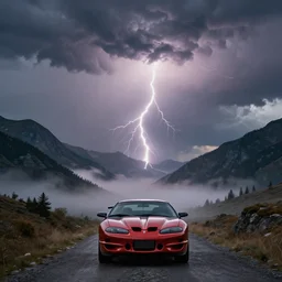 pontiac firebird trans - am driving towards the camera, detailed mountainscape, landscape photography, mountains, cinematic, volumetric lighting, foggy, wide shot, low angle, huge mountains, large lightning storm, thunder storm, tornado