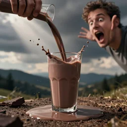 stock photo of someone spilling a glass of chocolate milk and overreacting