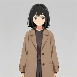 A cute anime girl wearing a long coat by Huke, shoulder length straight black hair with bob cut, dark eyes, freckles, concept art, black and white charcoal sketch, Huke, krenz cushart, trending on artstation