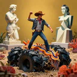 a cowboy turning into blooms by slim aarons, by zhang kechun, by lynda benglis. tropical sea slugs, angular sharp tractor tires. complementary bold colors. warm soft volumetric dramatic light. national geographic. 8 k, rendered in octane. angular sculpture by antonio canova, picasso.