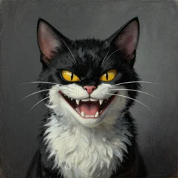 grinning evil cat, HD, award winning, in style of beksinski, film grain, medium format, 8k resolution, oil on canvas