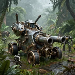 armored fort steampunk, with cannons, rocket launcher, robotic soldiers, in a jungle valley, in the rain, octane render, volumetric, unreal engine, depth of field