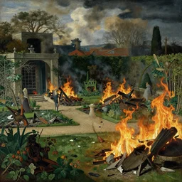 an english garden is in flames. there is destruction. goya.
