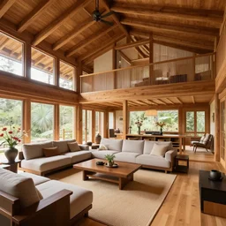 full room view of a luxurious wooden cottage by alvar aalto, modern furnished japanese living room, japanese flower arrangements, coherent composition, realistic, extremely detailed furnitures, architecture photography, telephoto lens, canon rf 8 0 0 mm f / 5. 6 l