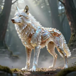 white pearlescent, chrome, iridescent titanium, crystal, liquid gold, copper, bronze hybrid biomechanical wolf, by h. r. giger, cinematic forest lighting, crystalline masterpiece incrustations, hyperdetailed metalwork, in volumetric soft glowing mist, elegant pose, movie still, octane render, unreal engine, crepuscular rays,
