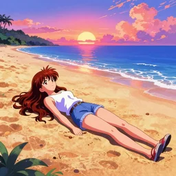 girl laying in the sand next to ocean in sunset, sprite, vaporwave nostalgia, visual novel cg, 8 0 s anime vibe, kimagure orange road, yu - no, initial d, drawn by by commodore 6 4, wallpaper, ultra hd, vlc screenshot