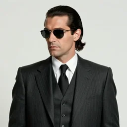 a 1 9 8 0 s businessman, wearing a pinstripe suit, hair in slick low ponytail, sunglasses. secret vampire. concept art by leif jones.