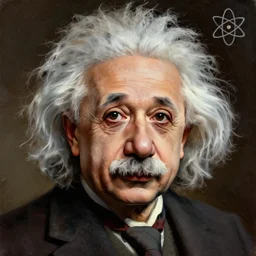 painterly portrait, Albert Einstein with symbol for atom, impasto, fantasy, chuck close:7, carl spitzweg:7, cinematic light, full face, symmetrical face