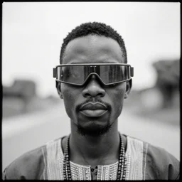 an analogue symmetrical photo of an Tribal Igbo man wearing futuristic mech eyewear, black & white, 35mm, f/1.4,