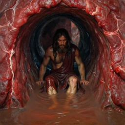 a bearded prophet inside a dark slimy water slide tube, the walls are made of red meat, the floor is flooded, by craig mullins, ilya repin