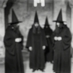- Early black and white photograph of robed figures with tall pointed hats inside a castle, creepy, blurry, blurry, blurry, 8mm