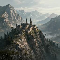 a medieval monastery on the top of a rough, steep mountain with great view on other mountains, epic, no trees, no foliage, realistic light, epic, fantasy, digital art