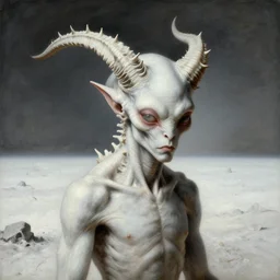 portrait of white alien demon with spinal ribbed spiky horns by hieronymus bosch, wastelands on white exoplanet, soft grainy bloom lucid dream - like atmosphere, harsh flash photo, baroque portrait painting, perfect composition, detailed octane render trending on artstation, 8 k artistic photography, volumetric cinematic perfect light, chiaroscuro, masterpiece, raphael, caravaggio, beksinski, rutkowski, beeple