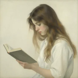 a girl reading a book, her hair flowing down, by henri rousseau, pale color scheme