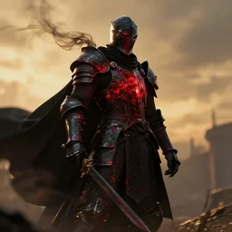the knight of death and destruction in black armor glowing red with a black cape billowing in the wind, golden hour, caustics, shallow depth of field, moody lighting, 8 k, concept art,