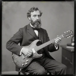 early 1 9 0 0 s photograph of a bearded man sitting with electric guitar, daguerrotype, victorian