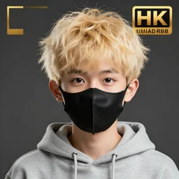 professional digital art of a cute guy with blonde fluffy messy hair wearing a black face mask and a gray hoodie, high quality, HD, 8K, highly detailed, award-winning
