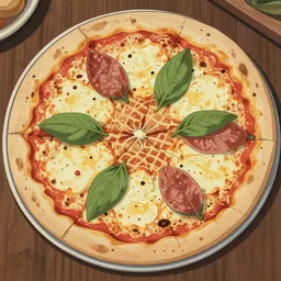 top down view of a Delicious pizza, by studio ghibli painting, by Joaquin Sorolla rhads Leyendecker, An aesthetically pleasing, dynamic, energetic, lively, well-designed digital art of a pizza, overlaid with aizome patterns, by Ohara Koson and Thomas Kinkade, traditional Japanese colors, superior quality, masterpiece