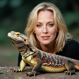 photoshoot of sharon stone with her pet komodo dragon, soft focus 5 0 mm