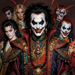 photorealistic portrait of evil looking mickey rourke wearing intricate shao khan costume, bizarre voodoo makeup, clown makeup, by amano, karol bak, greg rutkowski, and akira toriyama, tonalism, hyperrealistic, artgerm, concept art, masterpiece.