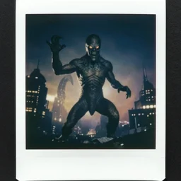 still image taken from sci fi horror movie of a cthulhu attacking a city. low camera angle. 1 9 8 0 s polaroid photo - journalism flash photography.
