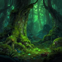 [ [ mossy swamp ] ] : : [ disney animation ] : : fantasy, epic : : realistic lighting, shading, shadows : : glowing green : : [ [ biopunk art ] ] : : 8 k