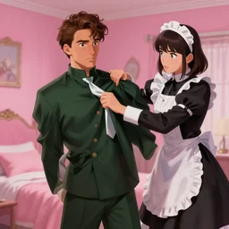 a picture of ( a man with brown hair, detailed face expressive eyes, wearing dark green clothes ) standing in a ( pink feminine bedroom ) and being attacked by a ( magical maid dress ) that is trying to replace his clothes. pic in the style of artstation and deviantart digital painting, smooth, sharp focus, dramatic illumination.