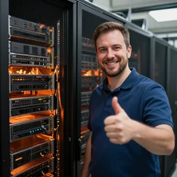 A system administrator doing a thumb up to the camera in front of burning servers