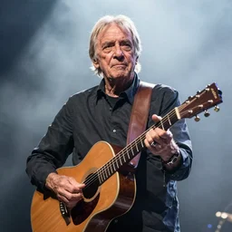 willie nelson on stage, detailed image, four fingers holding guitar. god rays through fog.
