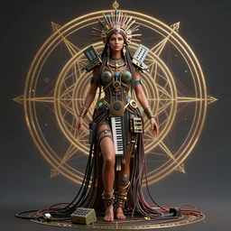 a centered render of an alluring mystical tribal goddess adorned with cables and synthesizer parts is surrounded by sacred geometry, full body, gorgeous face, perfect face, powerful, cinematic, beautifully lit, by artgerm, by karol bak, 3 d, trending on artstation, octane render, 8 k