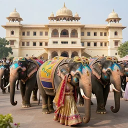 many elephants, decorated with colorful paintings, majestically stride past in front of the great palace of the maharacha. the princess's wedding is celebrated. she is wrapped in richly decorated luxurious fabrics that shine in golden and mistic colors