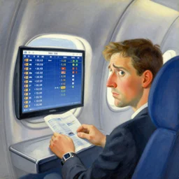 airplane watching worried a screen with flight information. painting by karel thole, moebius