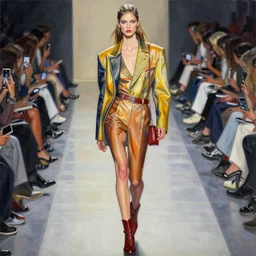 runway fashion. this heavily stylized oil painting by the award - winning comic artist has interesting color contrasts, plenty of details and impeccable lighting.