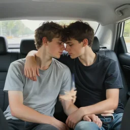 two young men who are in love are sitting in the back seat of a car cuddling. a photorealistic painting by ilka gedo, featured on cgsociety, photorealism, multiple exposure, photorealistic, hyper - realistic