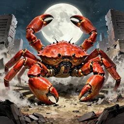 a very big giant mechanical weapons battle armor crab in the middle of war - torn battlefield of a crumbling city, big moon, some smoke, artstation, concept art, smooth, sharp focus, vivid grunge, manga, illustration, traditional japanese colors, superior quality, very detailed, wide angle, by bilibin and kuvshinov