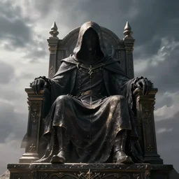 A Big Enigmatic Hooded Being sits on his throne, low angle shot, concept art, denis villeneuve