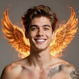 ( ( portrait ) ) happy young man with wings tattoo on his shoulder, gorgeous smiling symmetrical face, white clean teeth, surreal beauty, dreaming look, flare, wlop, octane render, 8 k