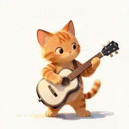 an orange kitten playing banjo, dreamworks, ghibli, disney, watercolours, fully clothed, golden hour, digital art, faces study, concept art, white background, textured paper
